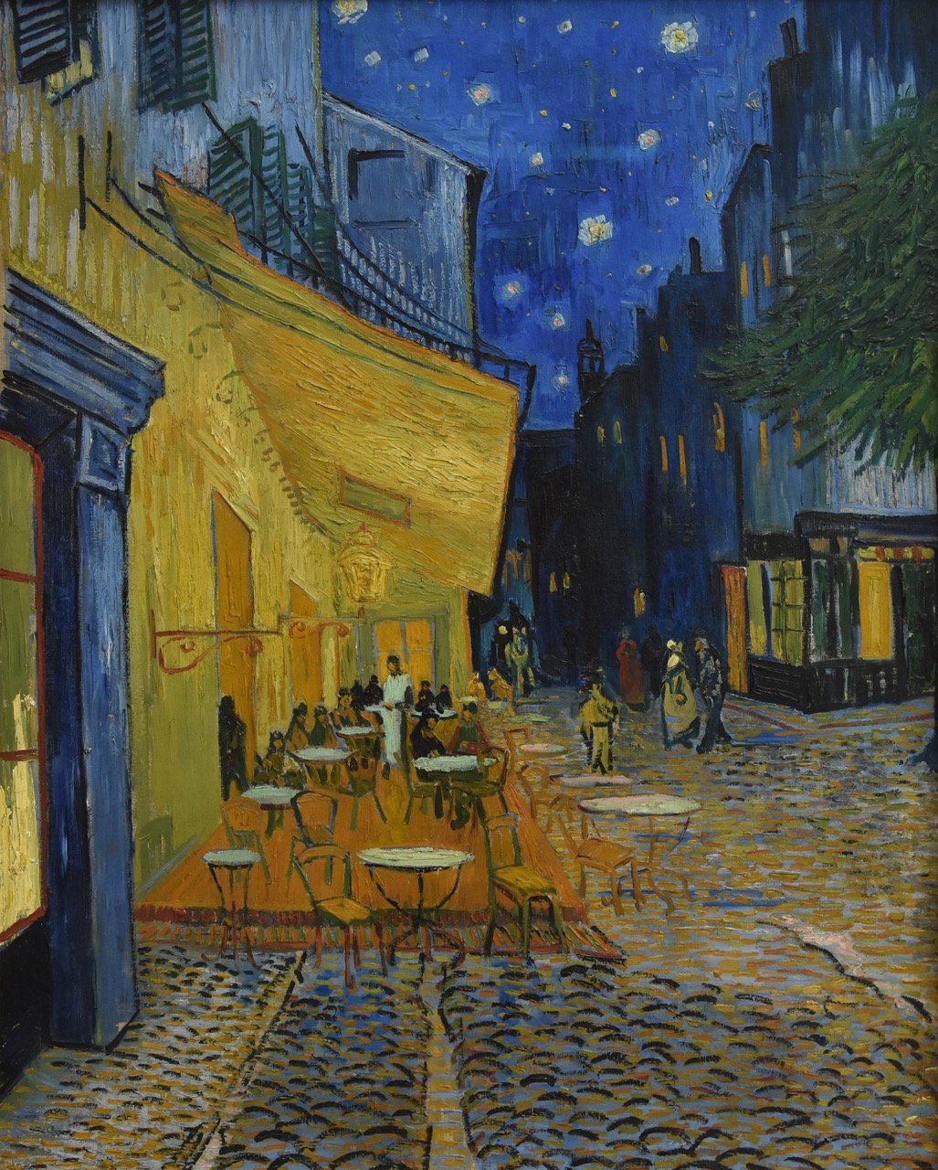 oil painting of a lively nocturnal scene showing a busy café terrace in a well-lit city street