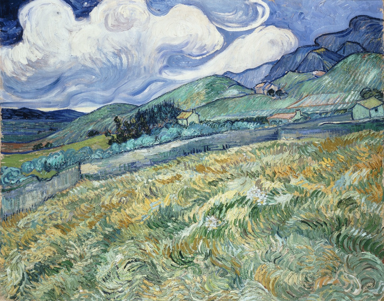 painting of a green wheat field with mountains in the background