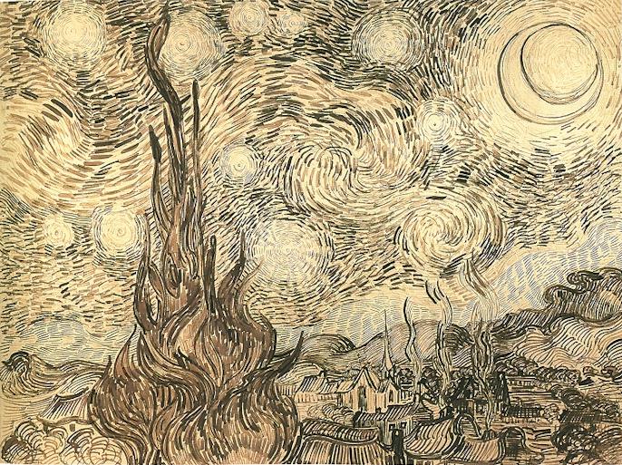sepia-coloured copy of the painting The Starry Night in monochrome reed pen