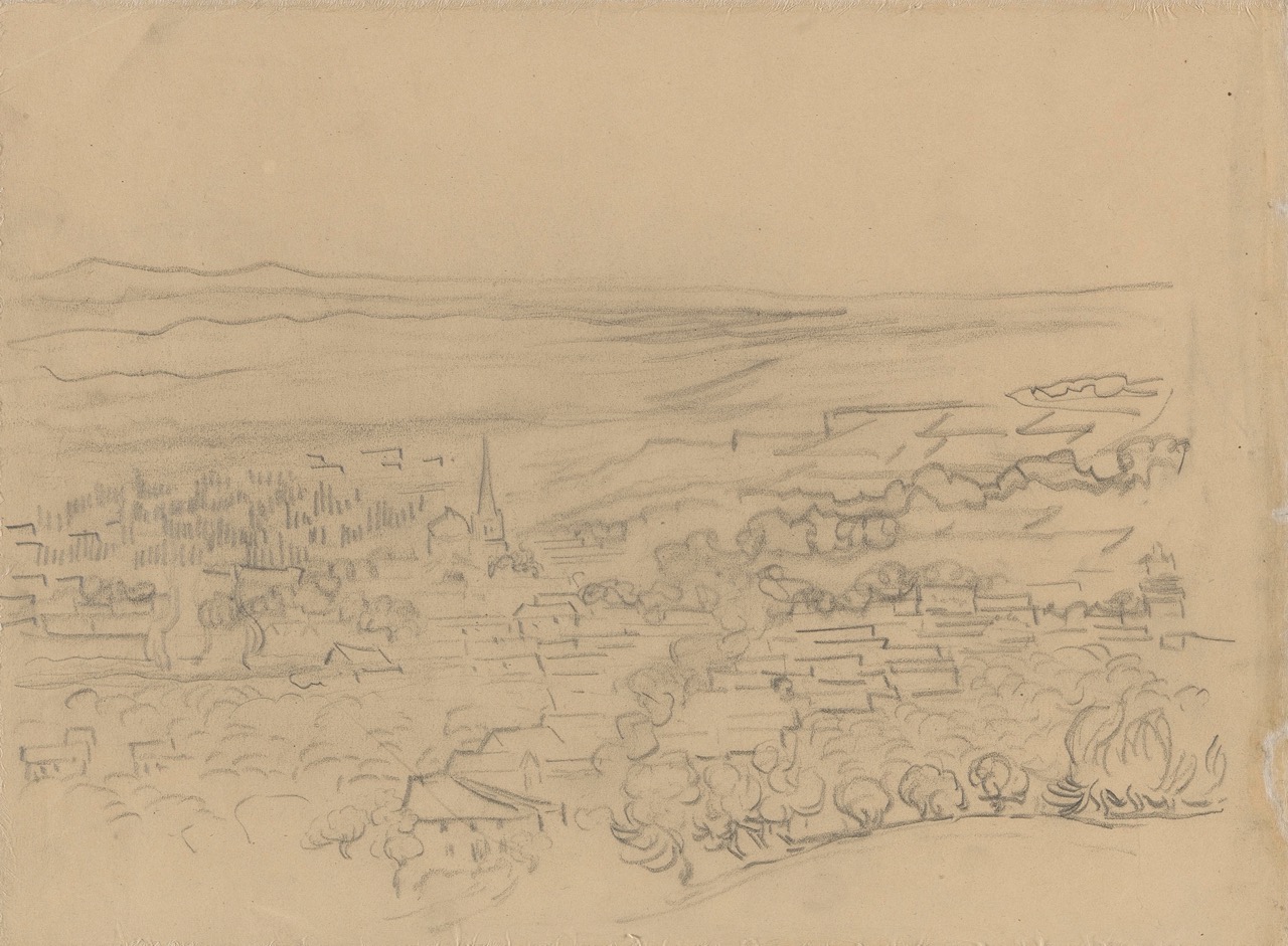 sketch of a distant village in pencil