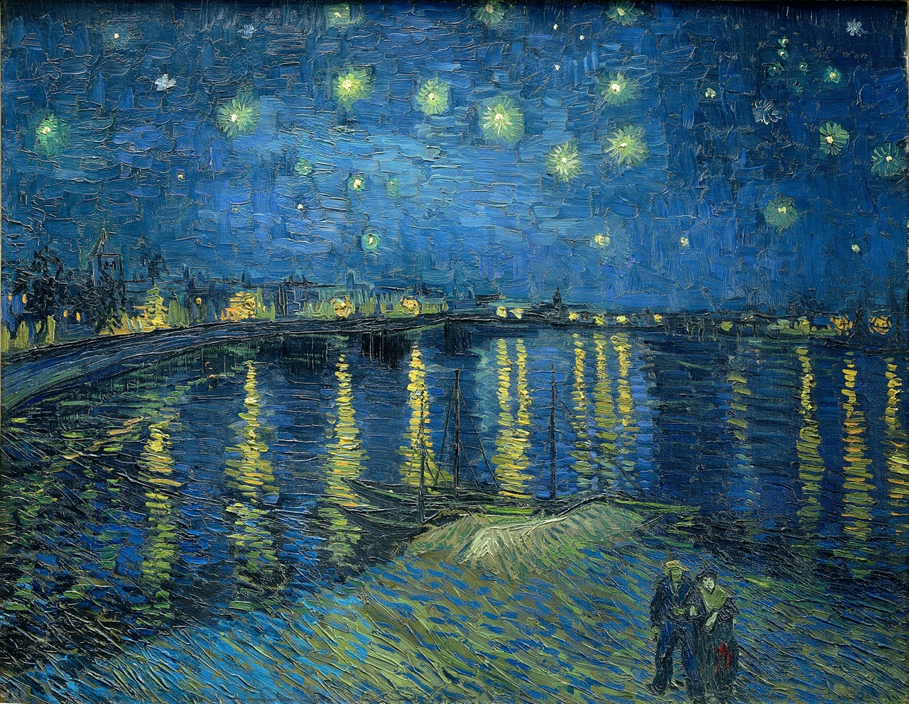 oil painting of a river at night with stars and lanterns of a distant bridge reflected in the water