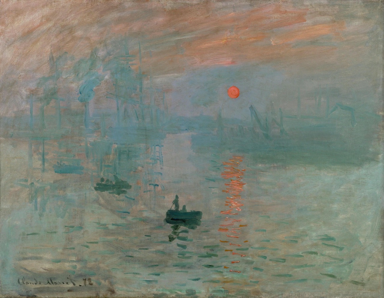 painting by Monet showing an impression of a misty water surface with a red sun in the background and a lone fisherboat in the middle of the water