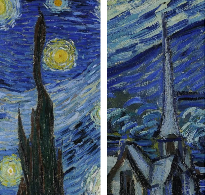 two close-ups side by side of the cypress and of the church steeple in the painting The Starry Night